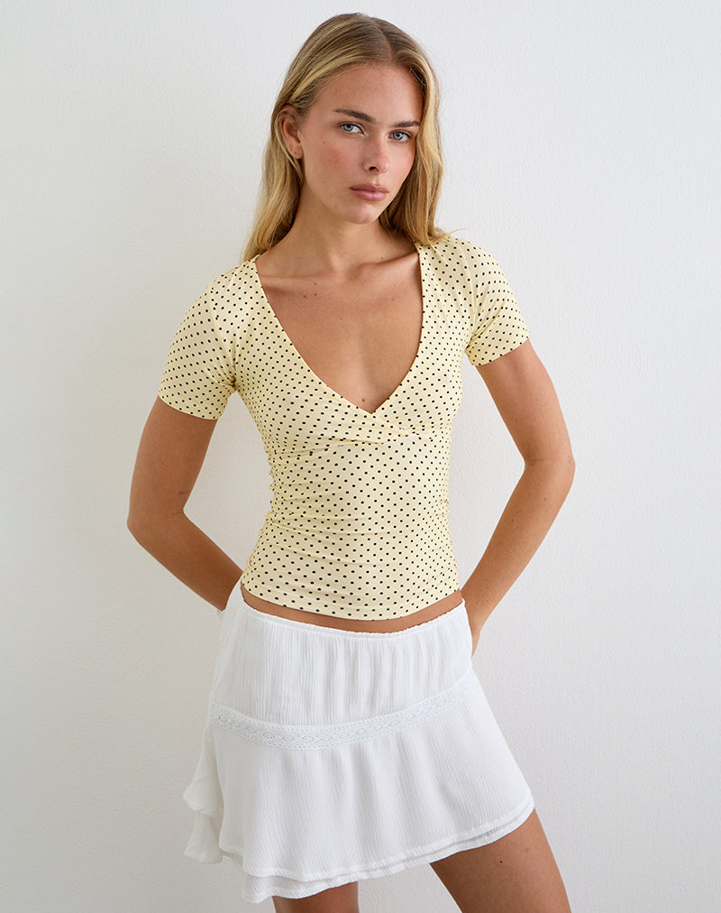 Image of Lobos Crossover Top in Butter Yellow with Micro Polka Dots