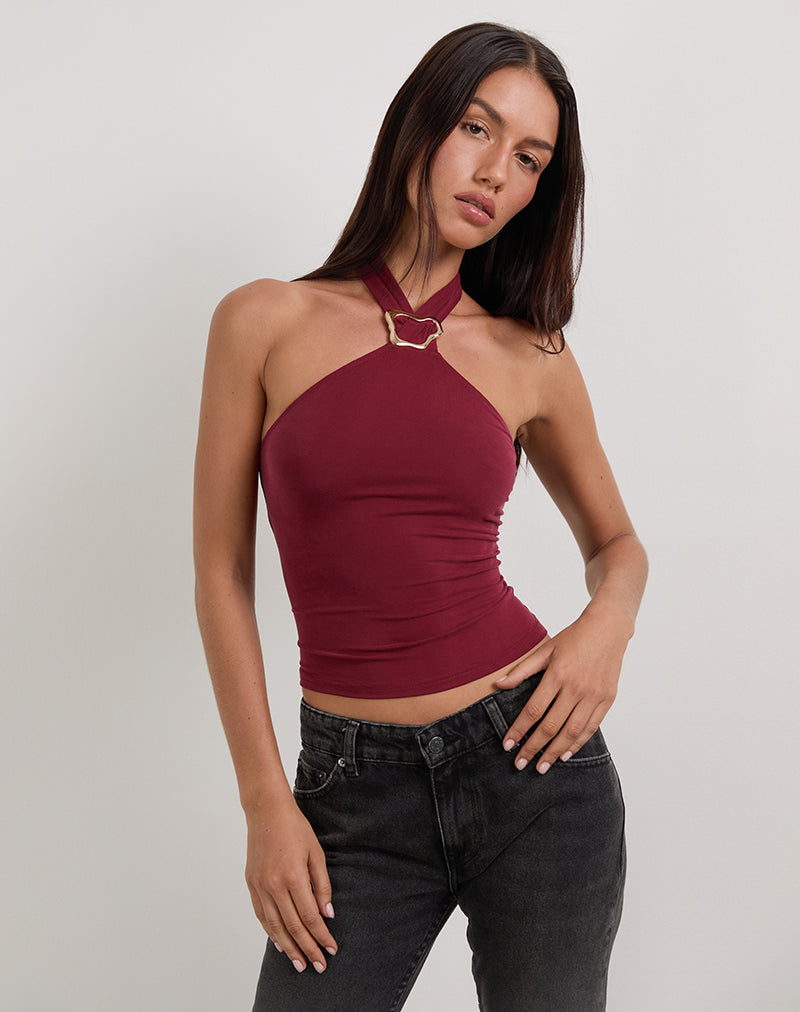 Image of Lorie Halter Top in Cupro Dark Red