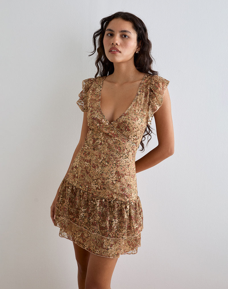 Image of Lotri Wrap Mini Dress in Cluster Floral Brown