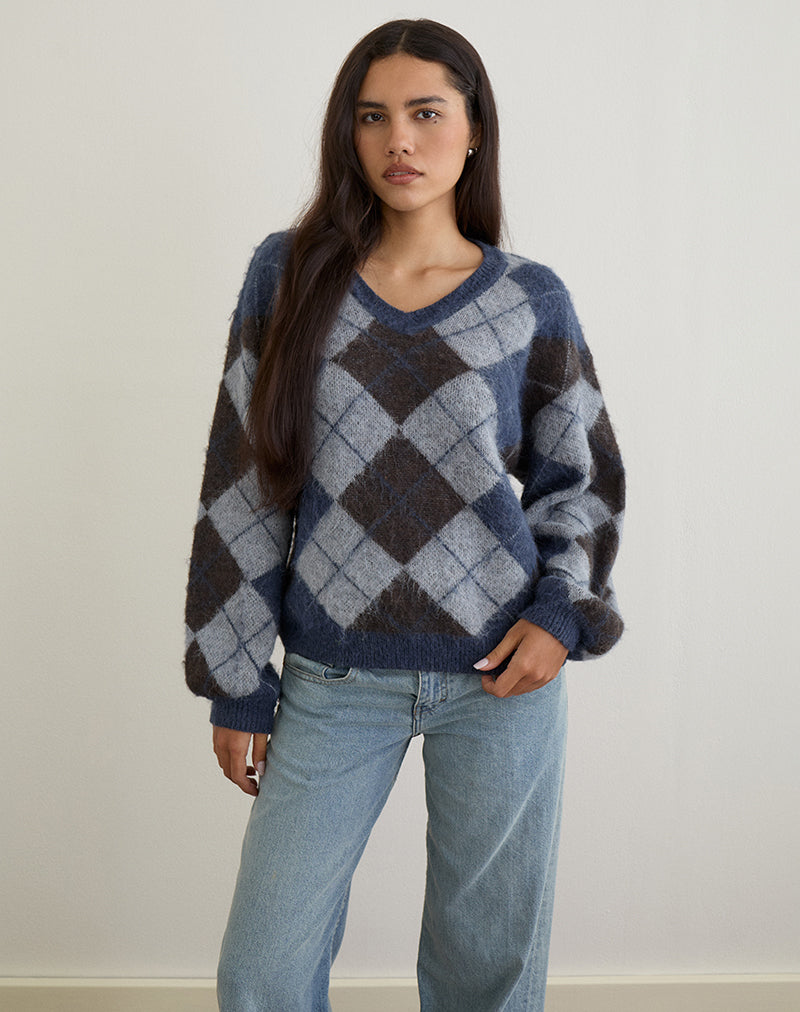 Image of Louna Jumper in Knit Argyle Check Navy