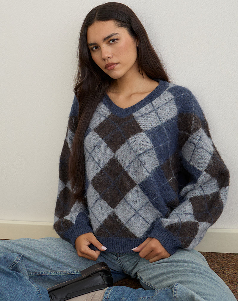 Image of Louna Jumper in Knit Argyle Check Navy