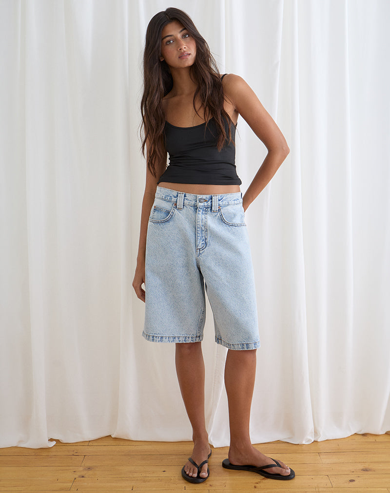 Low Rise Denim Skater Short in 80's Light Wash Blue
