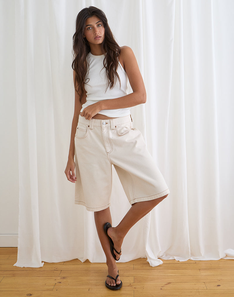 Low Rise Denim Skater Short in Off White