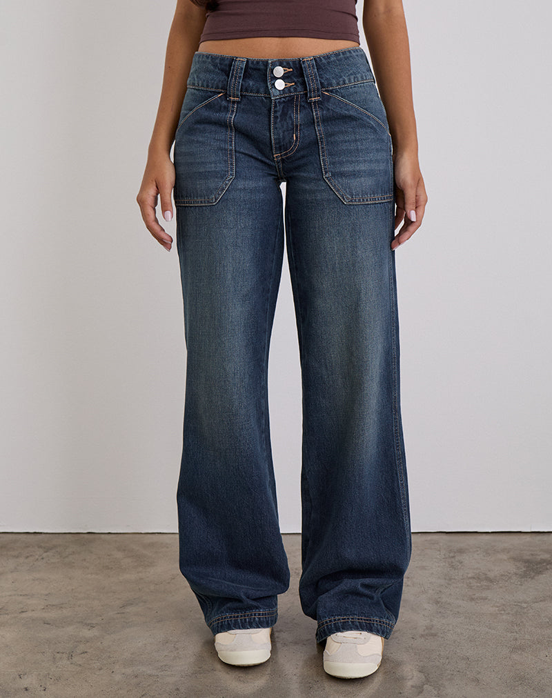 Image of Low Rise Relaxed Cargo Jeans in Mid Blue Tint