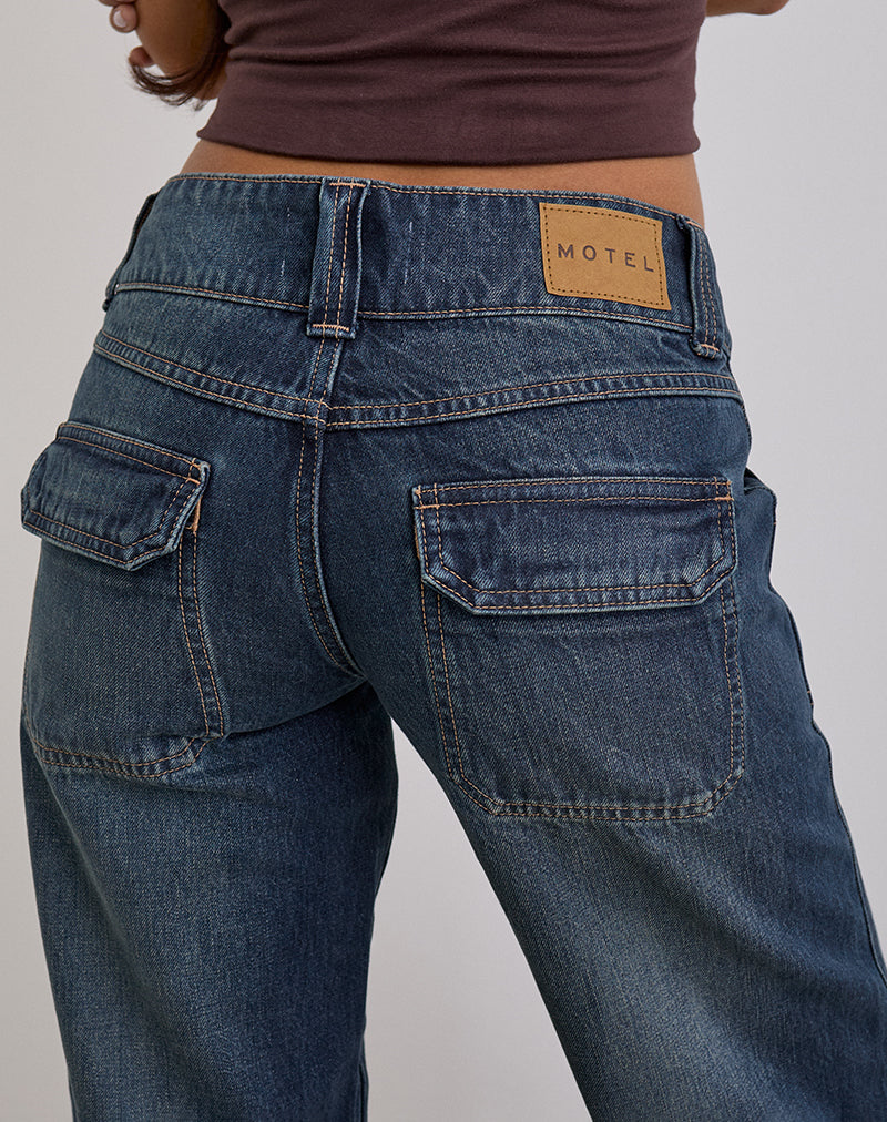 Image of Low Rise Relaxed Cargo Jeans in Mid Blue Tint