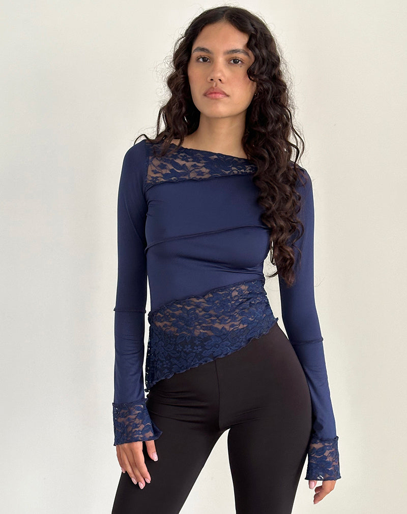 Lucca Long Sleeve Top in Slinky Lace Navy Blue