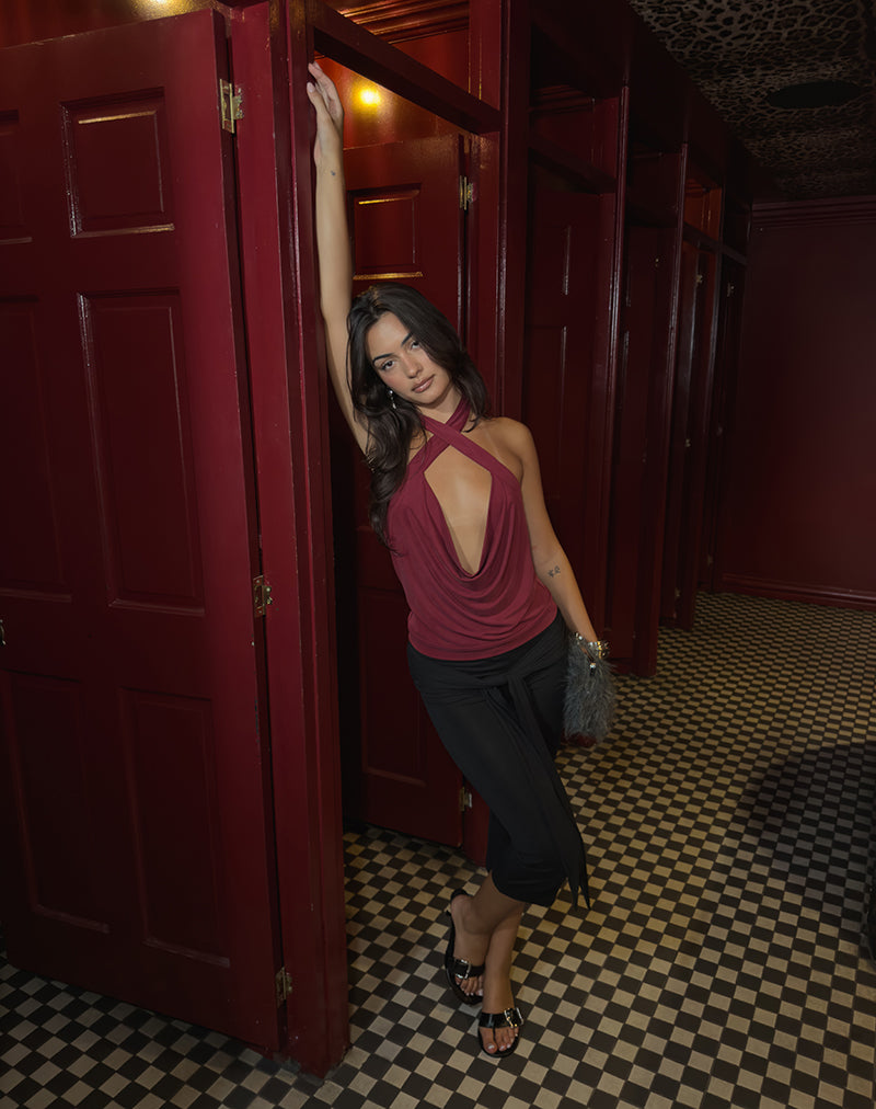 Image of Lupine Cowl Crossover Halter Top in Cupro Burgundy