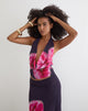 Image of Bujau Plunge Cowl Neck Top in Purple Chiffon with Desert Flower