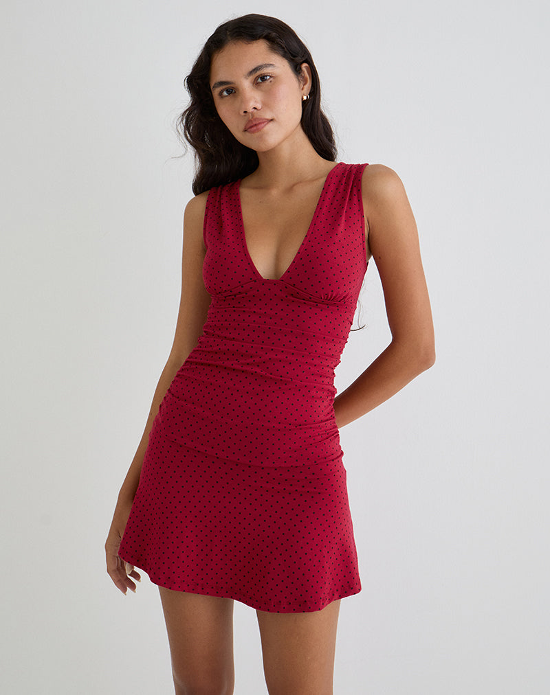 luscian plunge mini dress in micro polka brown Luscian Plunge Mini Dress in Micro Polka Navy