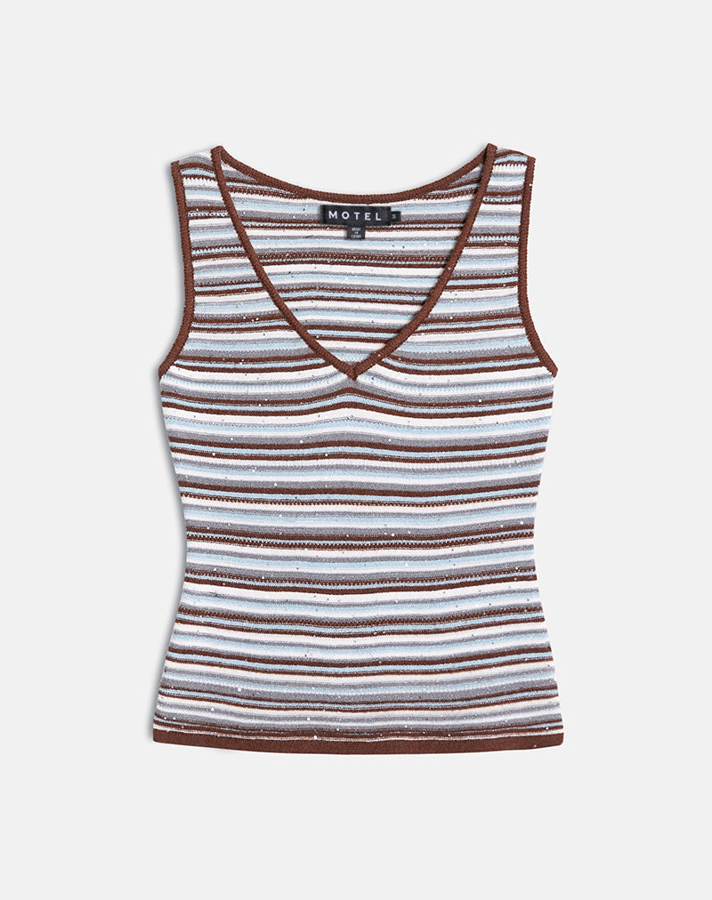 Lycia Plunge Top in Knit Stripe Blue and Brown