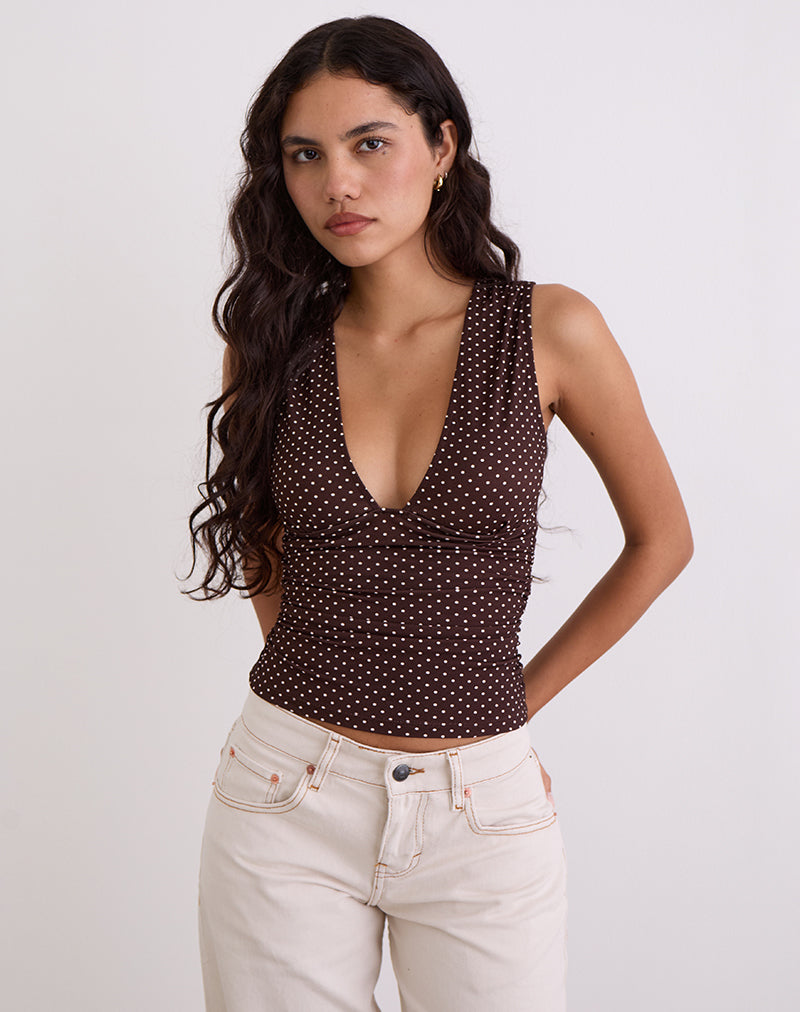 Image of Lycia Plunge Top in Micro Polka Brown