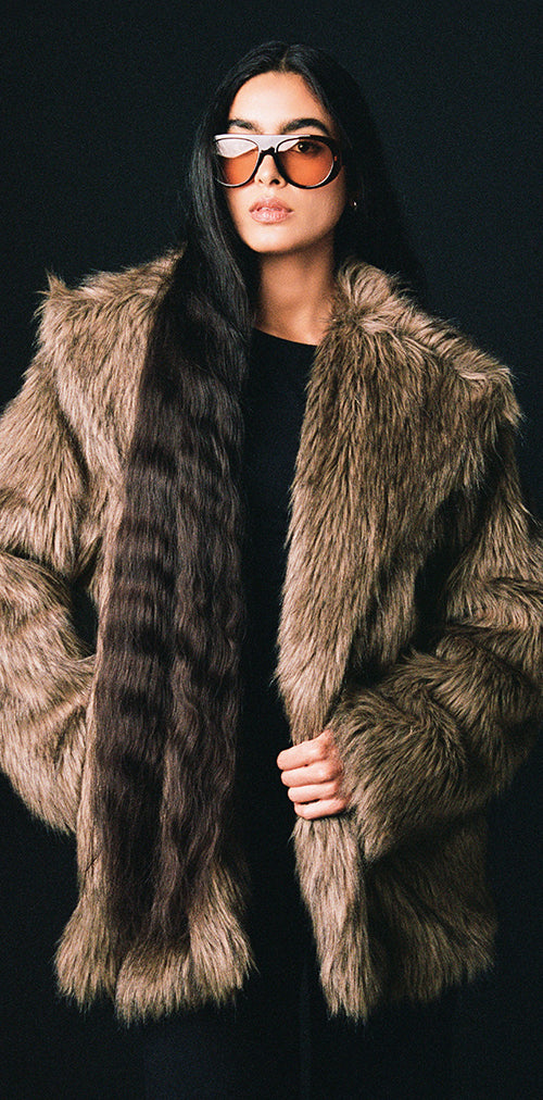 Image of Lupita Jacket in Faux Long Fur Brown