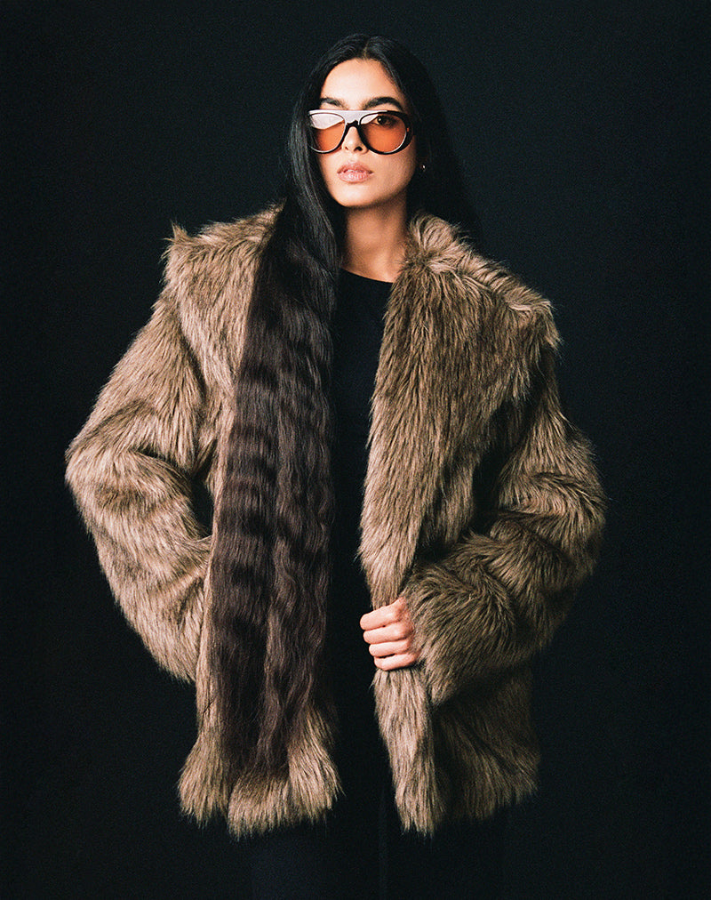Image of Lupita Jacket in Faux Long Fur Brown