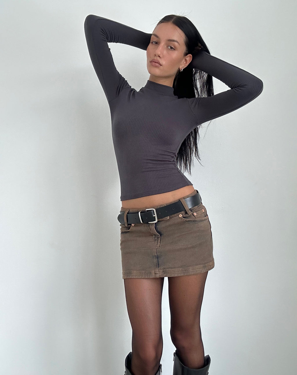 Mabel High Neck Long Sleeve Top in Rib Black Forest