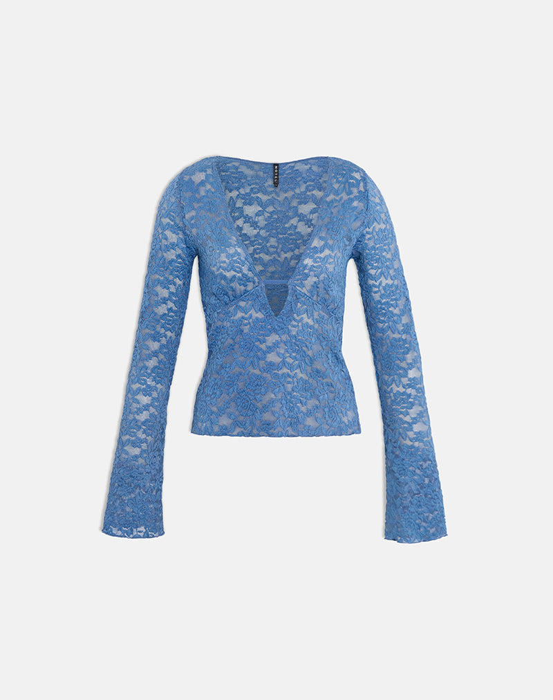 Image of Mahota Deep Plunge Long Sleeve Top in Dark Blue Lace