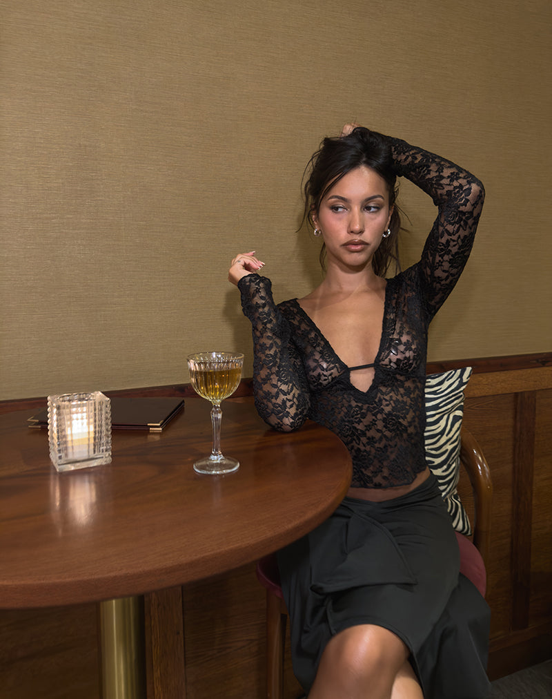 Image of Mahota Deep Plunge Long Sleeve Top in Lace Black