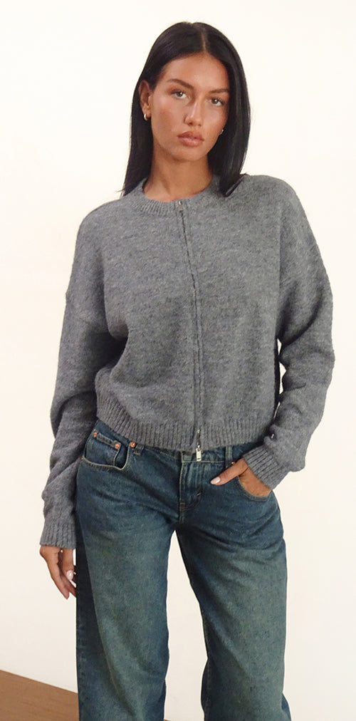 Image of Maira Zip Through Jacket in Knit Grey