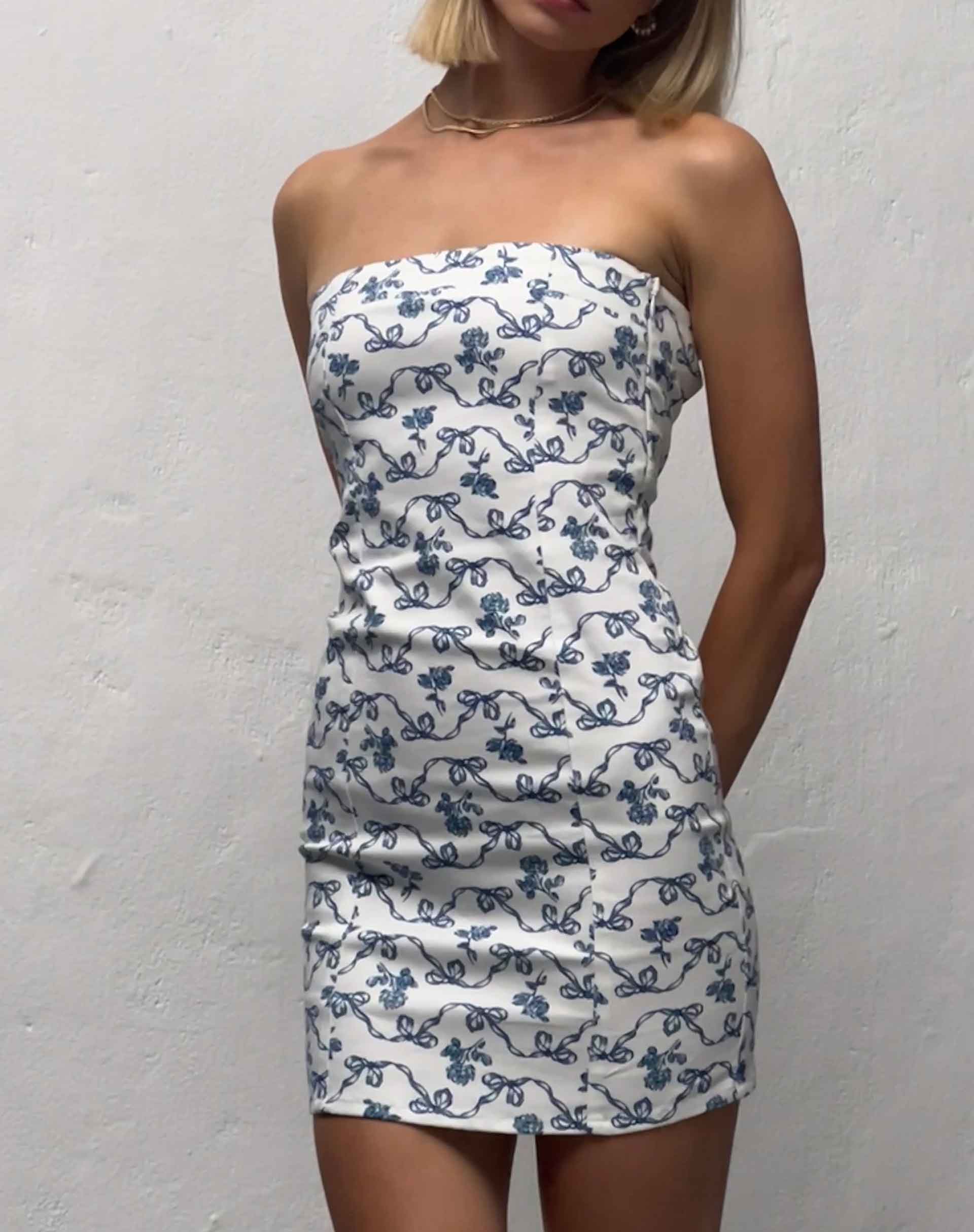 Image of Majken Mini Tie Back Dress in a Blue and White Ribbon Print