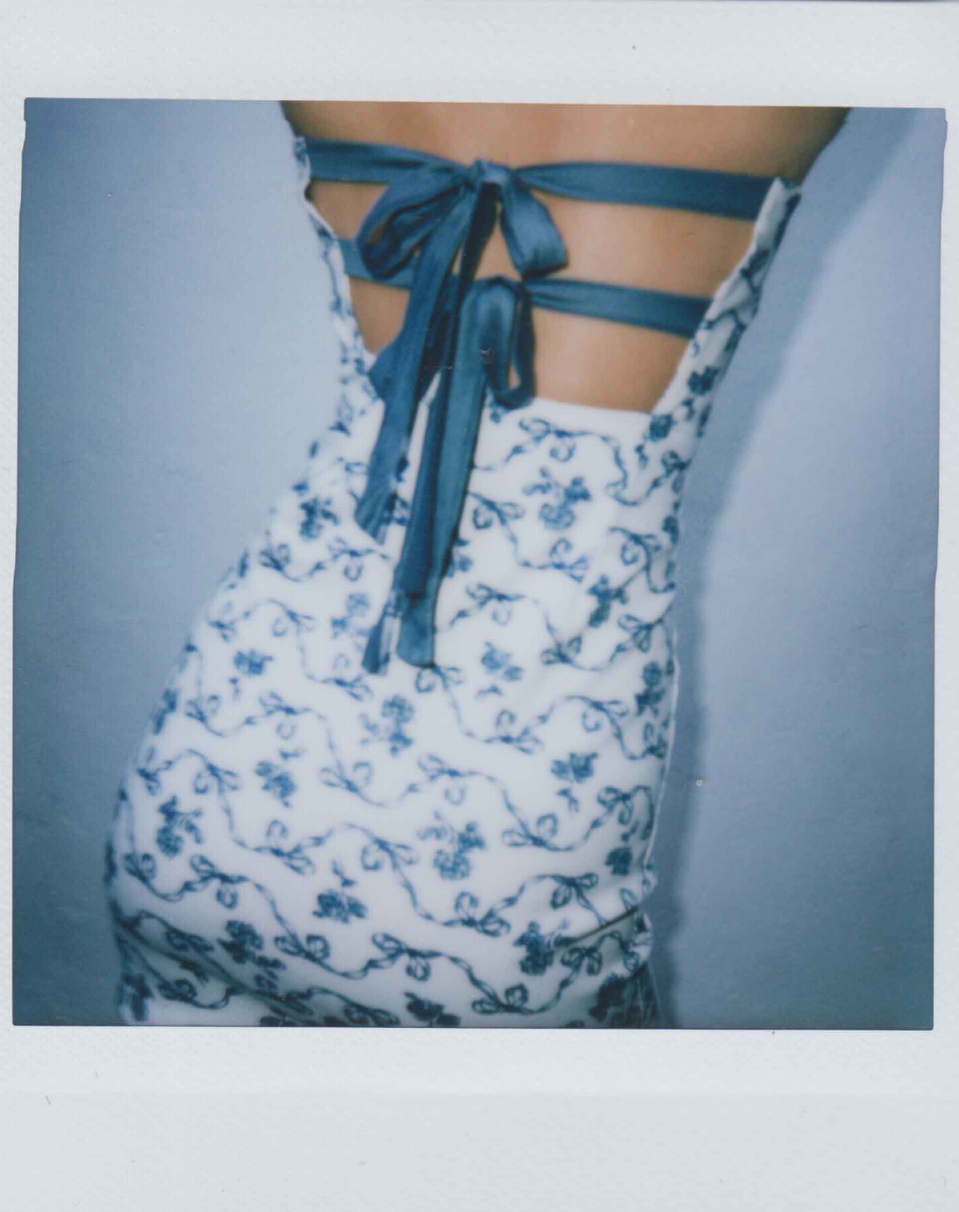 Image of Majken Mini Tie Back Dress in a Blue and White Ribbon Print