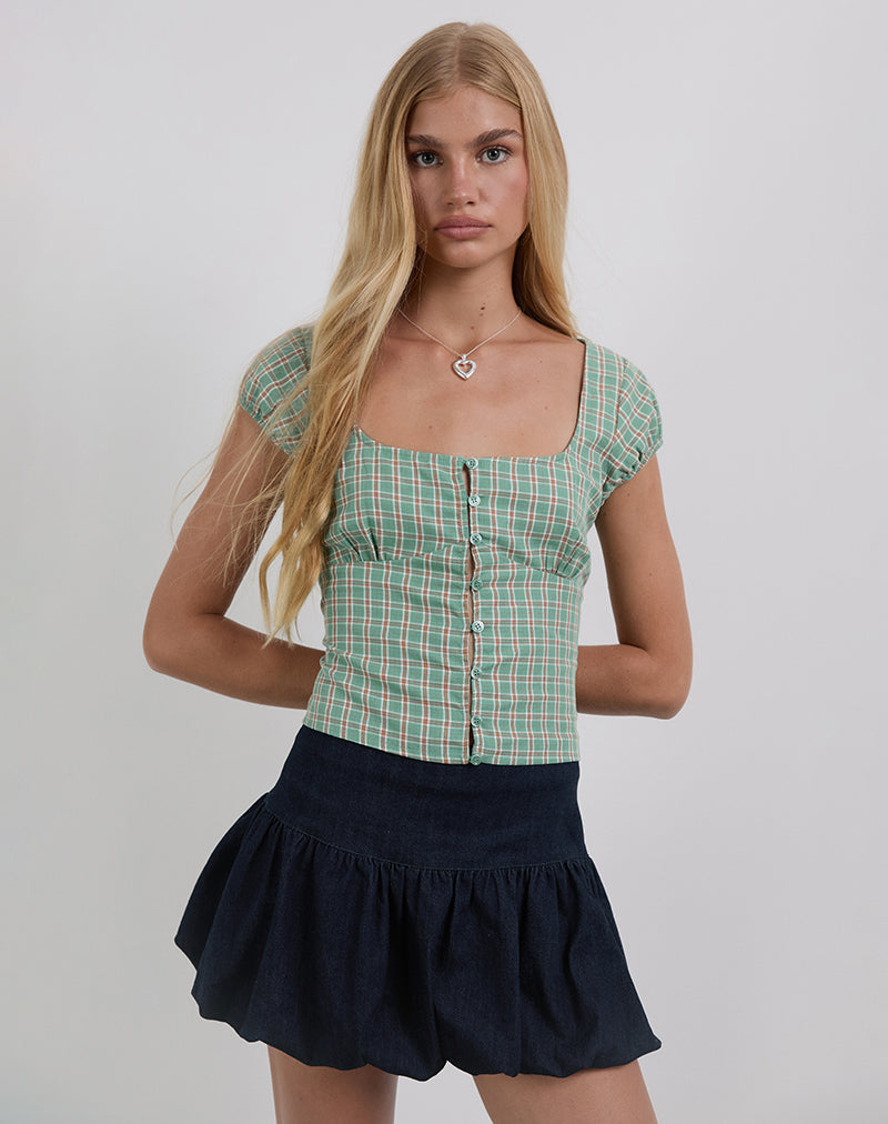 Image of Malsa Scoop Button Blouse in Teal Check