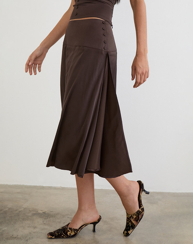 Manyala Dark Brown Satin Midi Skirt | Manyala – motelrocks.com