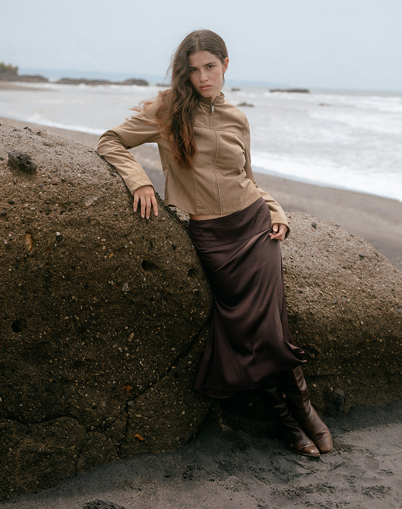 Dark Brown Satin Midi Skirt | Manyala – motelrocks.com