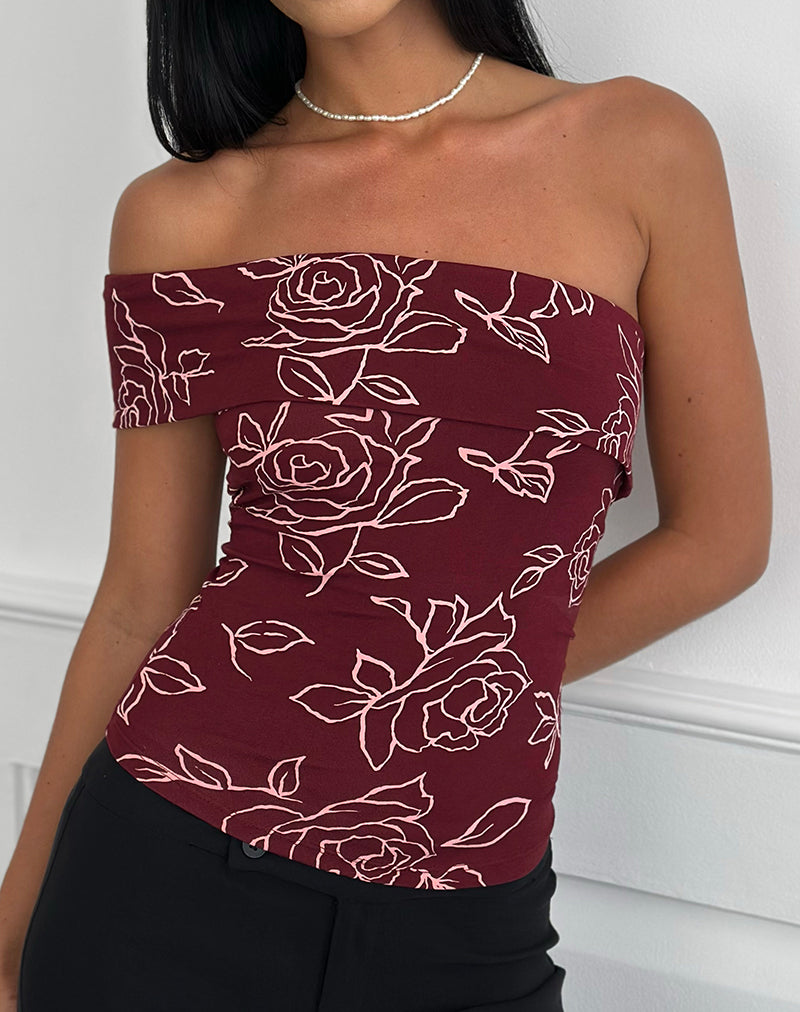 Marga One Shoulder Top in Outline Rose Maroon