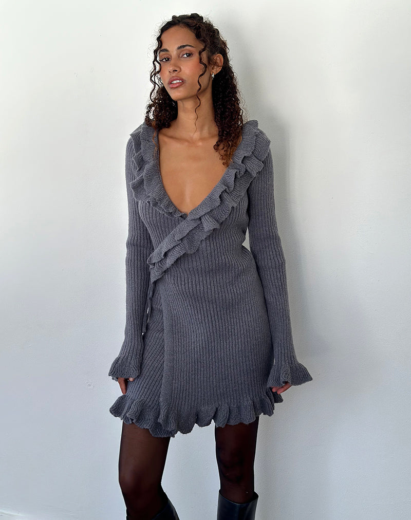 Marianna Long Sleeve Knitted Mini Dress in Dark Grey