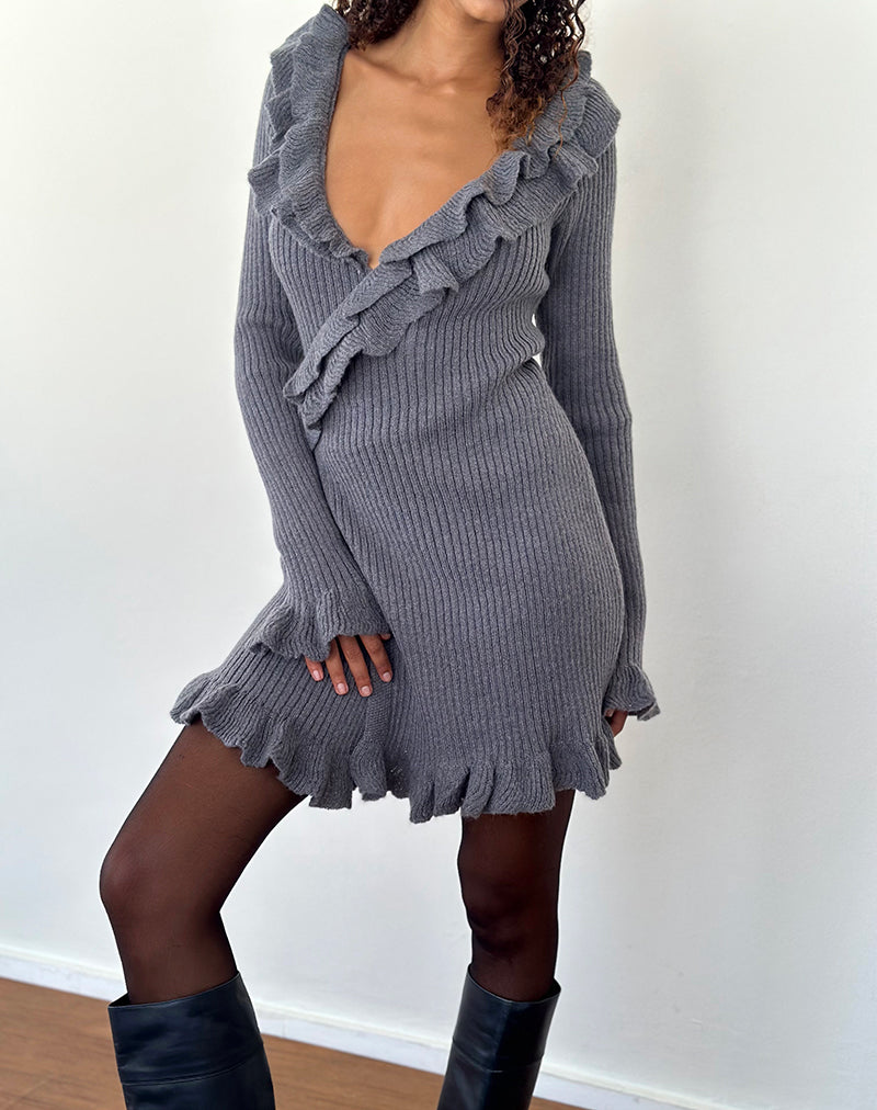 Image of Marianna Long Sleeve Knitted Mini Dress in Dark Grey