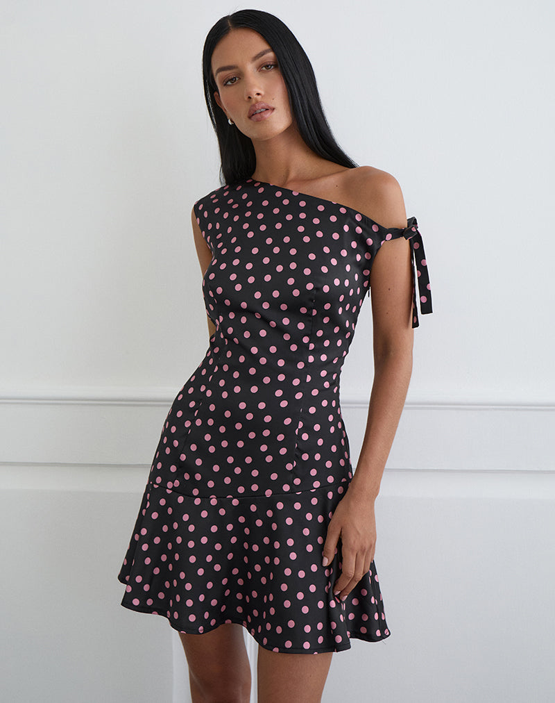 Image of Maribel Mini Dress in Black Satin Scattered with Pink Polka