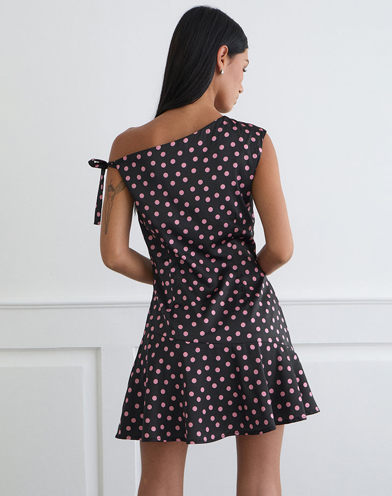 Image of Maribel Mini Dress in Black Satin Scattered with Pink Polka