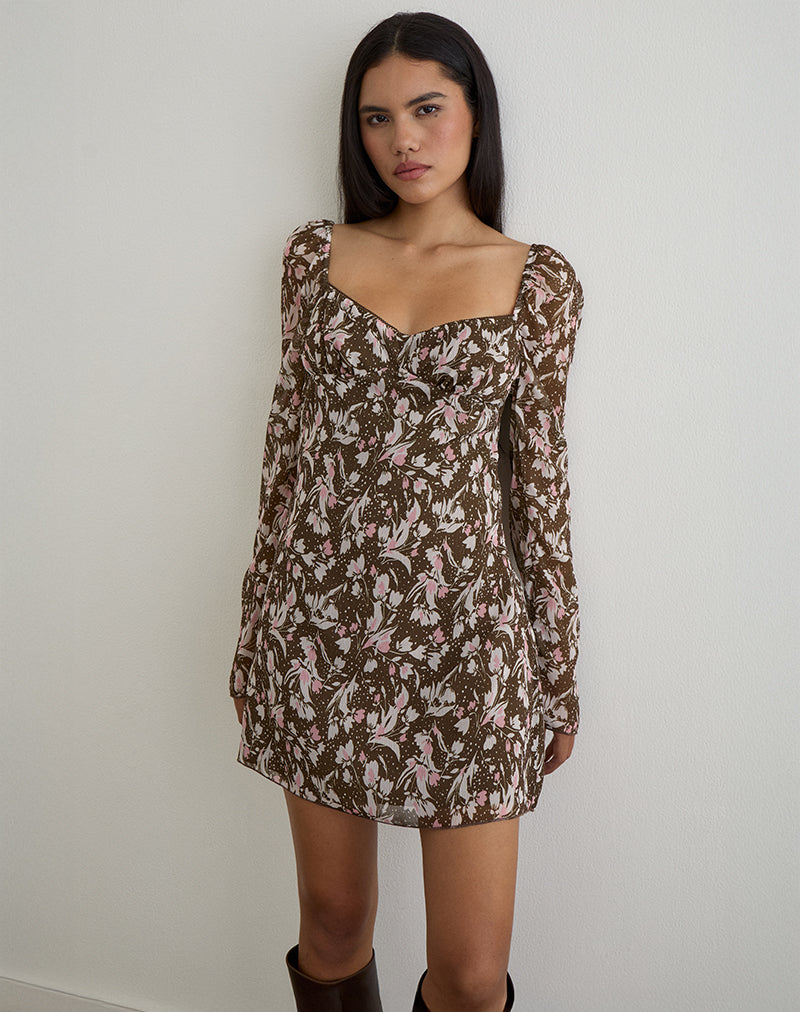 Image of Mariko Dress in Brown and Pink Polka Flower Chiffon