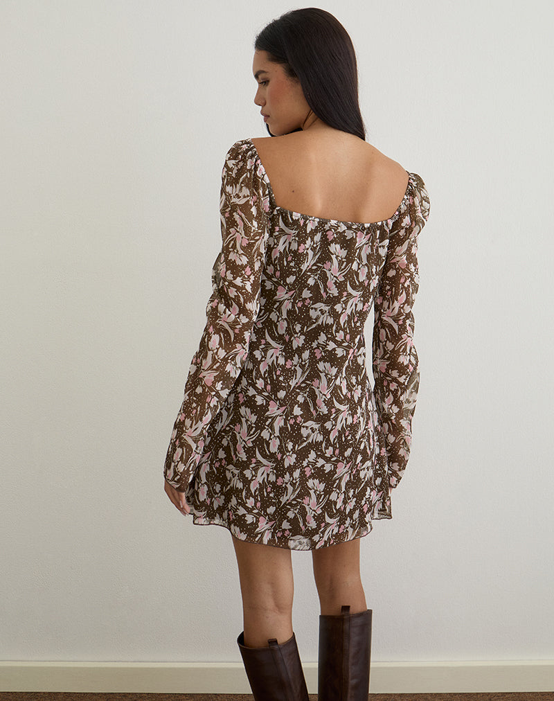 Image of Mariko Dress in Brown and Pink Polka Flower Chiffon