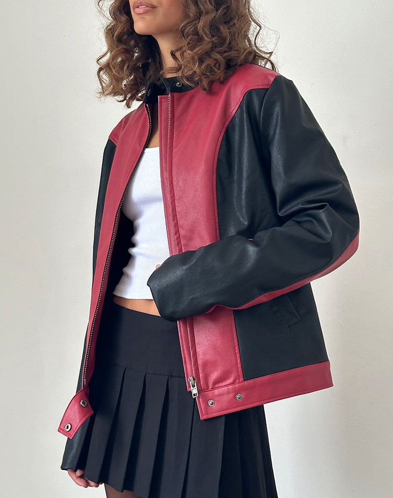 Image of Marion PU Biker Jacket in Red with Black Panels
