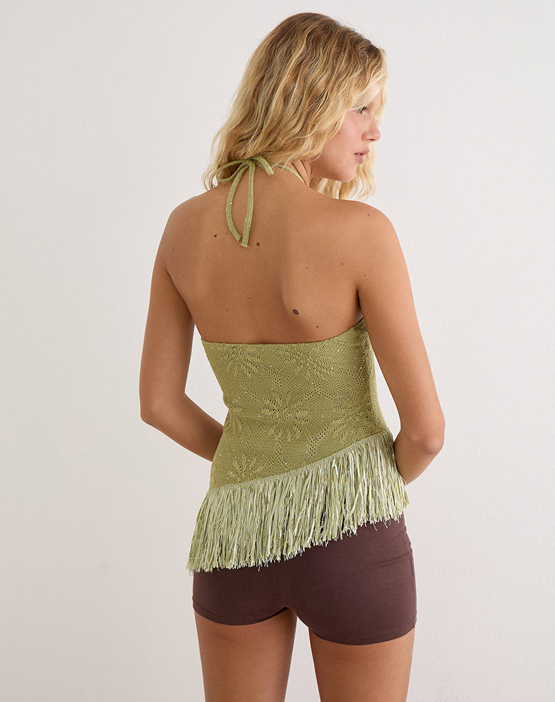 Green Knit Sequin Halter Neck Top with Fringe Hem | Masina