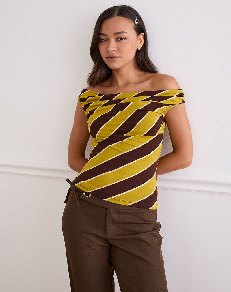 Maurisia Off Shoulder Top in Retro Stripe Yellow
