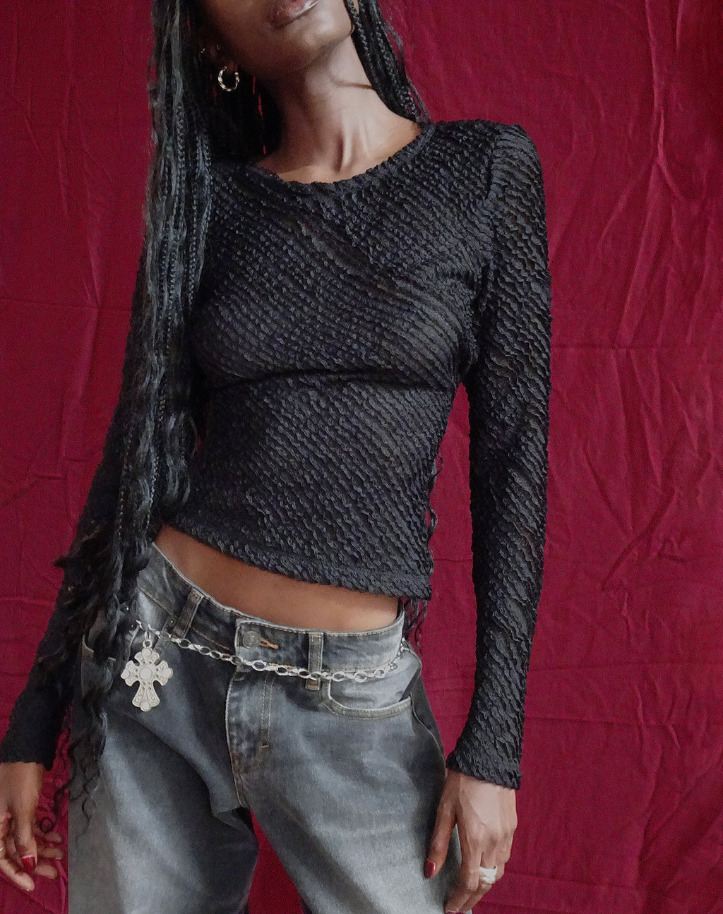 Maya Long Sleeve Top in Textured Black