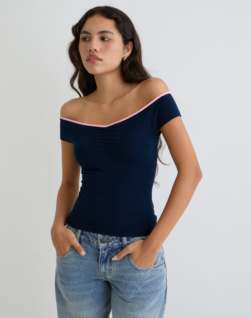 Image Mayomi Off the Shoulder Top in Navy with Pink Binding