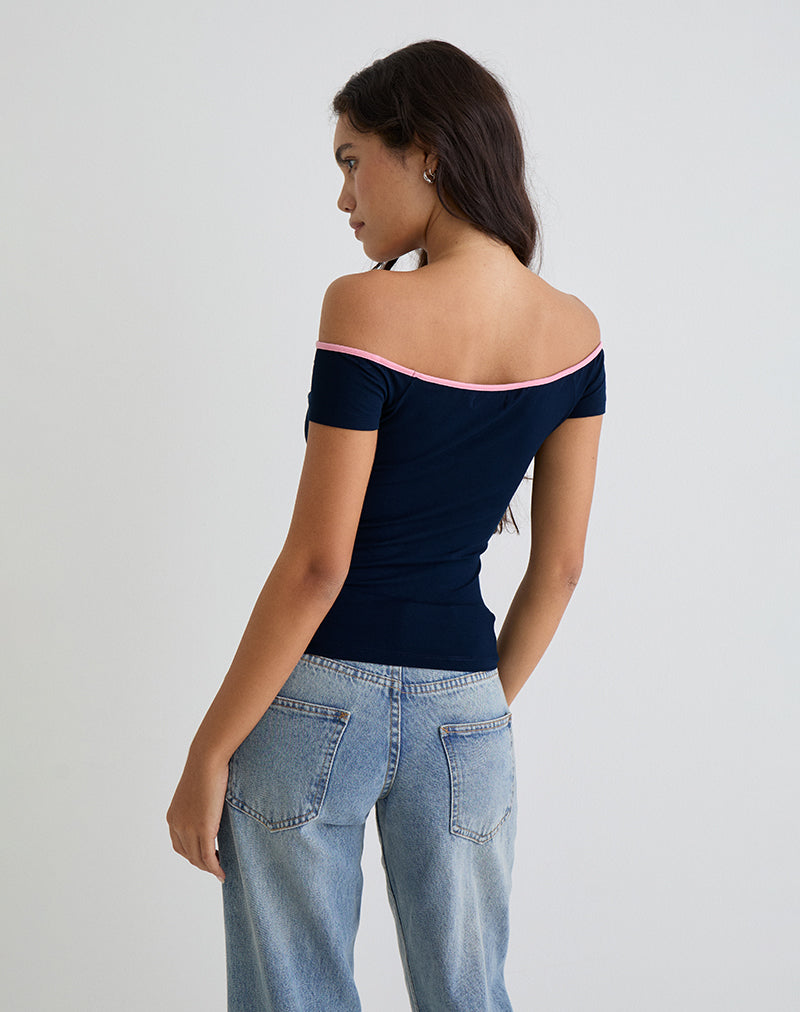 Image Mayomi Off the Shoulder Top in Navy with Pink Binding