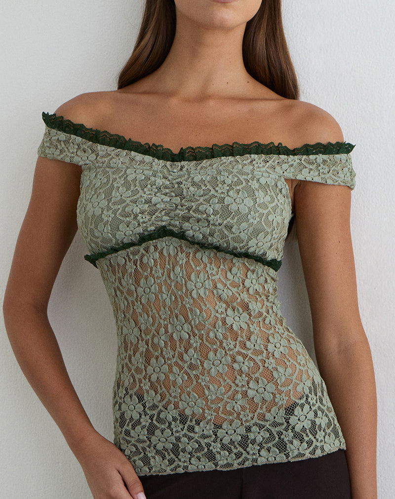Mayu Top with Ruffle Trim in Lace Sage Green