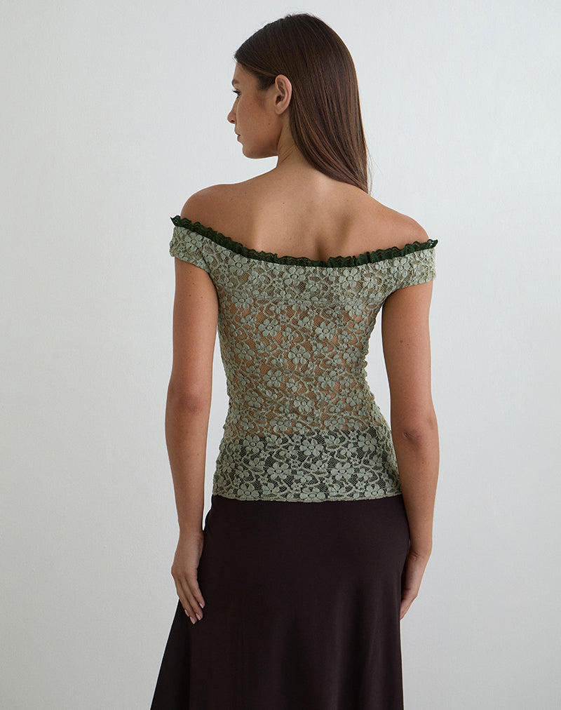 Image of Mayu Top with Ruffle Trim in Lace Sage Green