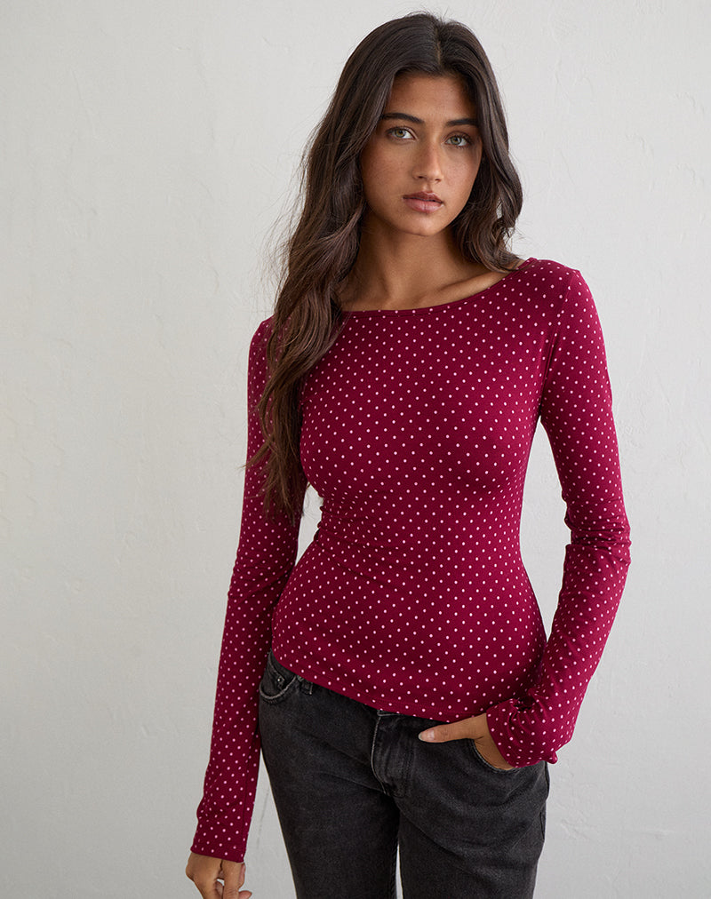 Mazone Top in Wine with Pink Micro Polka Print