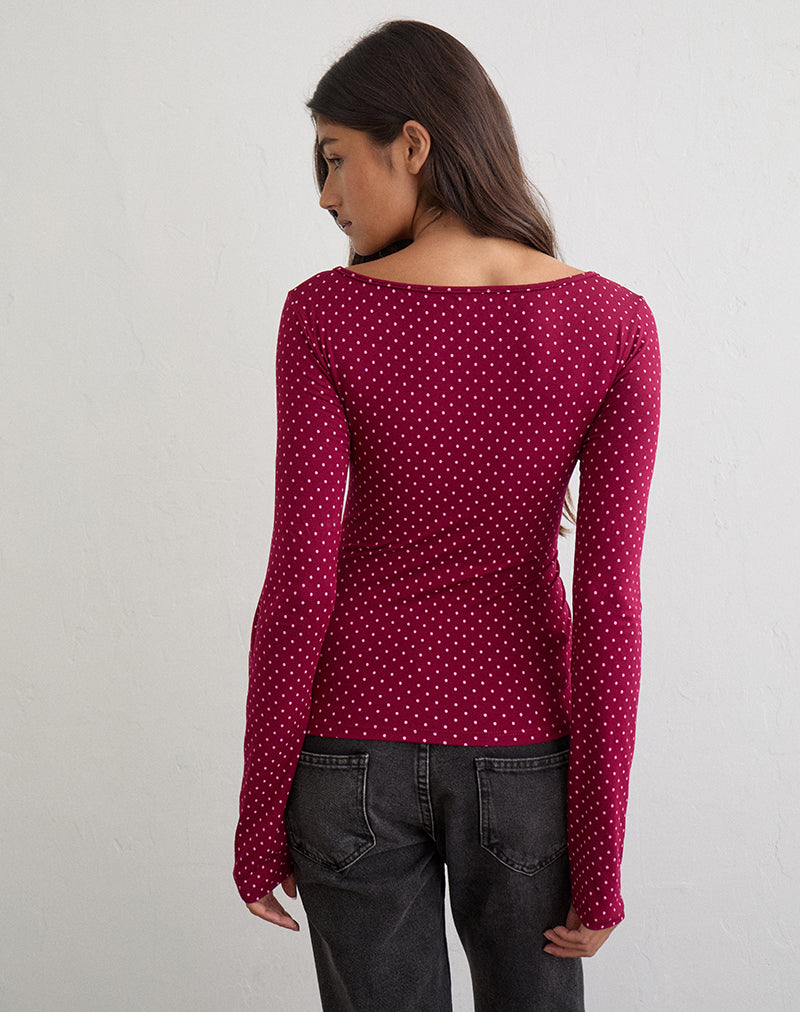Image of Mazone Top in Wine with Pink Micro Polka Print