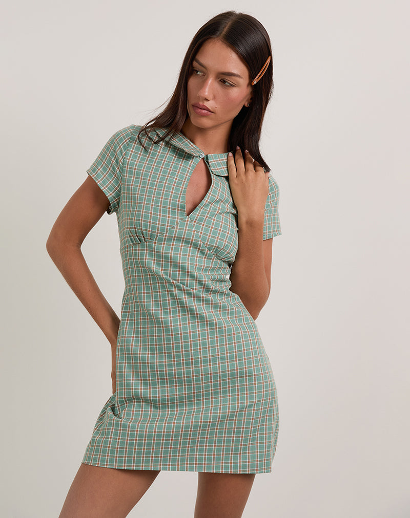 Medora Keyhole Mini Dress in Teal Check