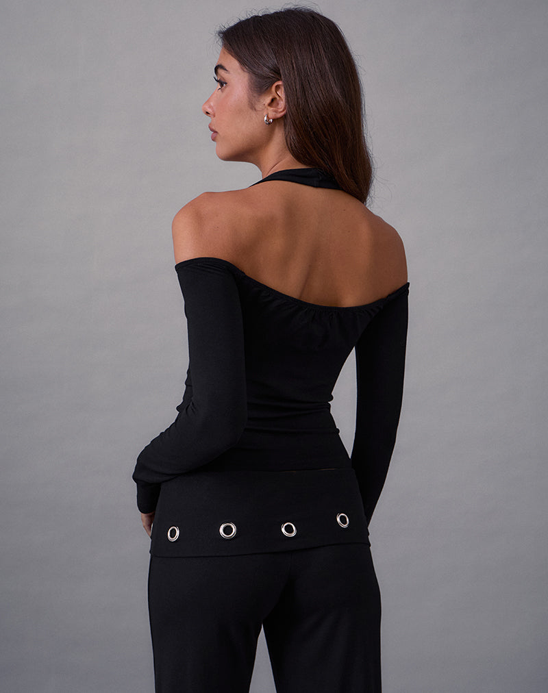Image of Melton Long Sleeve Halter Top in Rayon Jersey Black
