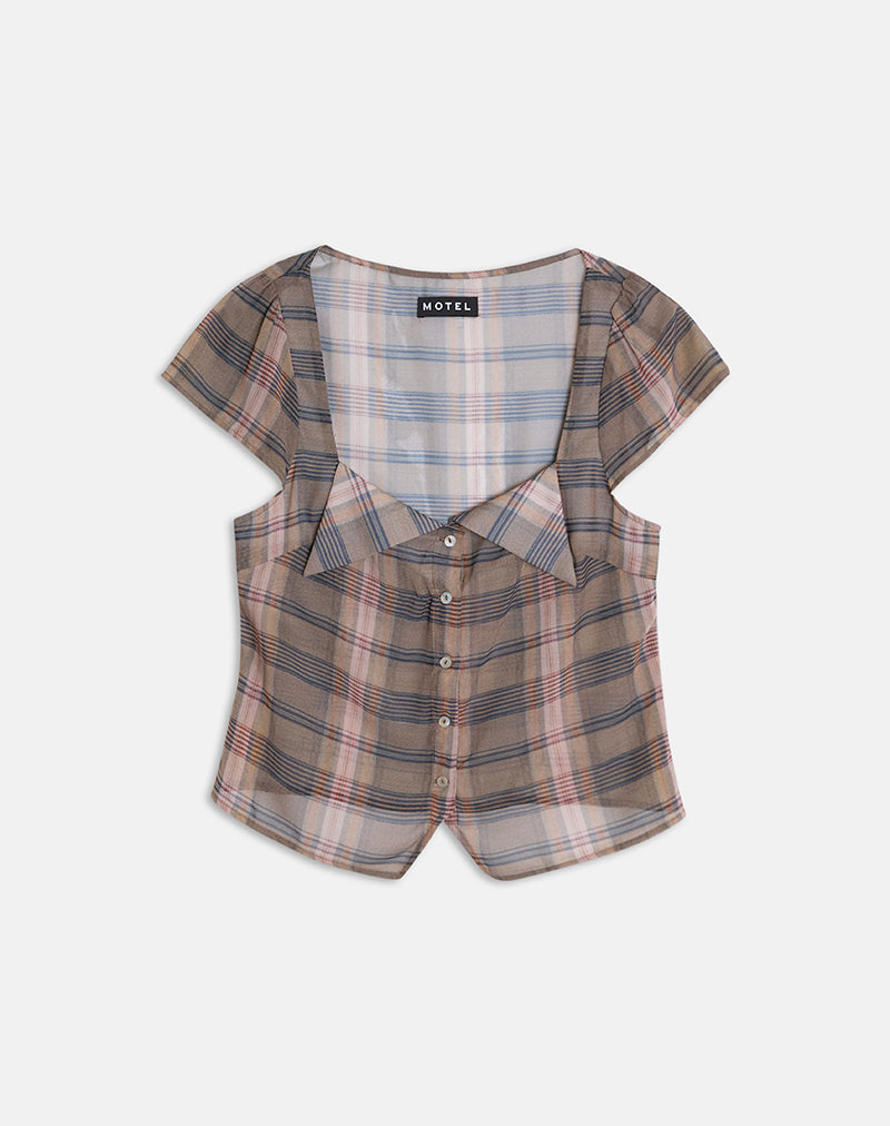 Image of Meraki Blouse Top in Brown and Pink Blurry Check