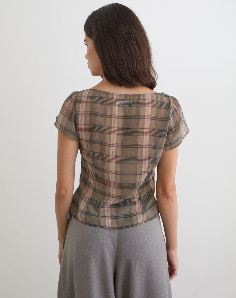 Image of Meraki Blouse Top in Brown and Pink Blurry Check