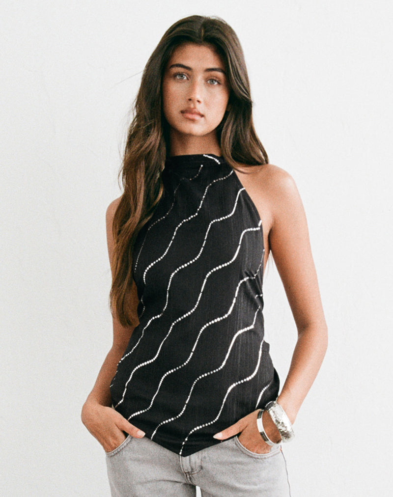 Image of Mercy Halter Top in Crinkle Chiffon Black with Hot Fix
