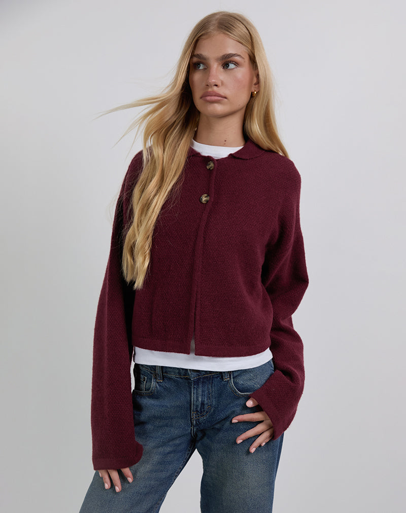 Image of Merril Collared Cardigan in Knit Wine