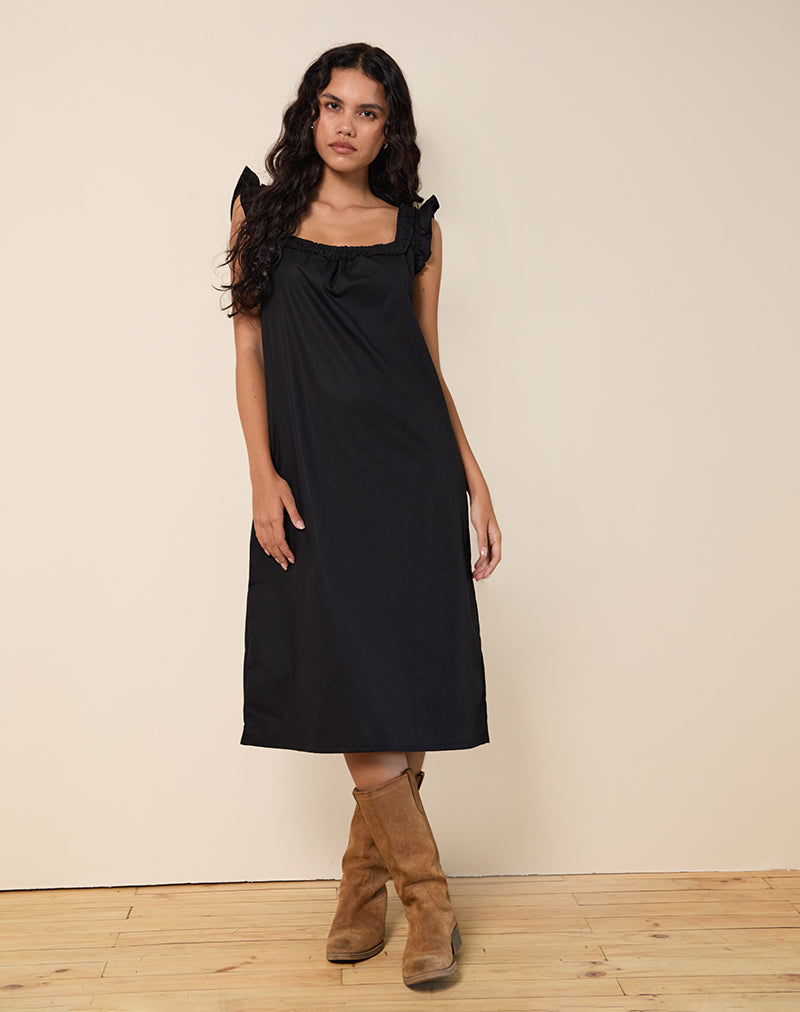 Image of Merrily Smock Midi Dress in Poplin Black
